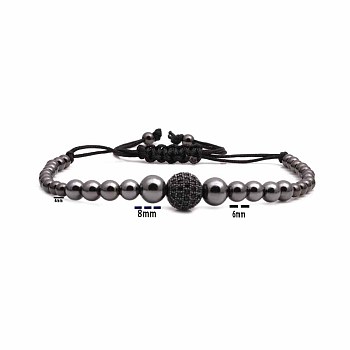 Synthetic Non-magnetic Hematite Braided Bead Bracelets, Adjustable 10mm Ball Brass Mico Pave Cubic Zirconia Bracelets for Women Men, Silver Plated