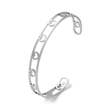 304 Stainless Steel Open Cuff Bangles, Hollow Heart, Stainless Steel Color, Inner Diameter: 2x2-5/8 inch(4.95x6.75cm)