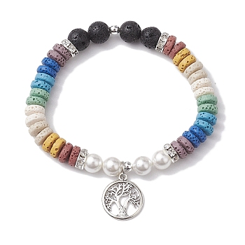 Disc 7-Color Natural Lava Rock & 8mm Round Shell Pearl Beaded Stretch Bracelets, Tree of Life Alloy Charm Bracelets for Women Men, Colorful, Inner Diameter: 2-1/8 inch(5.4cm)