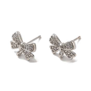 Rack Plating Brass & Cubic Zirconia Stud Earring Findings, Lead Free & Cadmium Free, Long-Lasting Plated, Bowknot, Platinum, 10x13mm, Hole: 1.8mm, Pin: 12x1mm