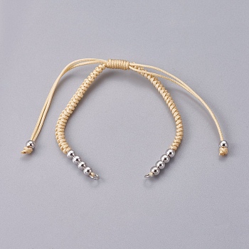 Nylon Cord Braided Bead Bracelets Making, with Brass Beads, Long-Lasting Plated, Real Platinum Plated, Wheat, 10-1/4 inch~11-5/8 inch(26~29.6cm)