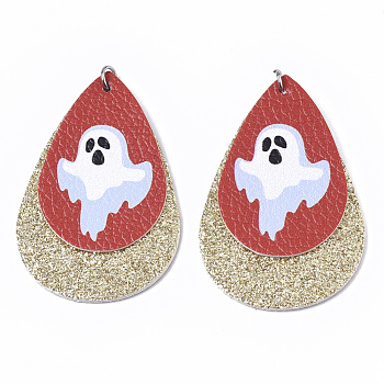 Halloween Theme, PU Leather Big Pendants, with Glitter Powder and Platinum Tone Stainless Steel Jump Rings, teardrop, with Ghost, Champagne Yellow, 56x37x3mm, Hole: 4mm