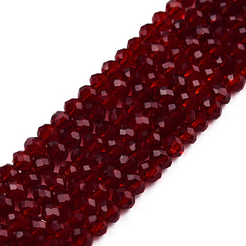 Transparent Glass Beads Strands, Faceted, Rondelle, Dark Red, 2.5~3.1x1.5~2.2mm, Hole: 0.5mm, about 150~155pcs/strand, 32~33cm