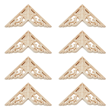 Rubber Wood Carved Onlay Applique, Center Flower Long Applique, for Door Cabinet Bed Unpainted Decor European Style, Triangle, BurlyWood, 103x103x9.5mm