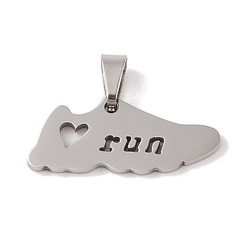 201 Stainless Steel Pendants, Sports Shoe with Word Run Charm, Stainless Steel Color, 11x25x1.5mm, Hole: 4x7mm