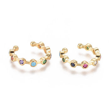 Golden Plated Brass Micro Pave Cubic Zirconia Cuff Earrings, Long-Lasting Plated, Colorful, 17x16x3mm