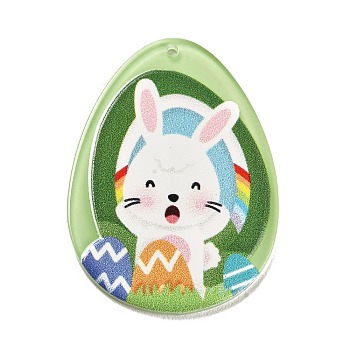Easter Printed Transparent Acrylic Pendants, Egg with Rabbit, Yellow Green, 42.5x31.5x2.5mm, Hole: 1.6mm