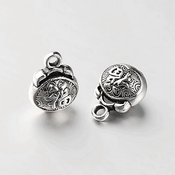 Flat Round with Chinese Blessing Tibetan Style Alloy Charms, Antique Silver, 12x9x7mm, Hole: 1.5mm