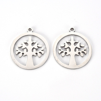201 Stainless Steel Pendants, Laser Cut, Flat Round with Tree of Life, Stainless Steel Color, 22x20x1mm, Hole: 1.6mm