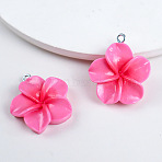 Opaque Resin Pendants, Plumeria, with Platinum Iron Loops, Deep Pink, 28x24.5x7mm, Hole: 2mm(FIND-WH20020-250G)