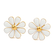 304 Stainless Steel Enamel Stud Earrings for Women, Small Daisy, White, Real 18K Gold Plated, 17mm(EJEW-Z053-01G-01)