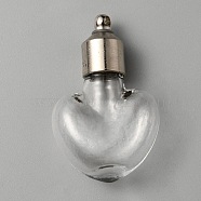 Clear Glass Vial Pendants, Wish Bottle Charms with Platinum Brass Finding, Heart, 35.5x22x10.5mm, Hole: 1.8mm(GLAA-WH0017-02B-05)