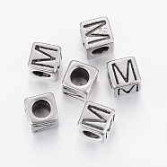 304 Stainless Steel Large Hole Letter European Beads, Cube with Letter.M, Antique Silver, 8x8x8mm, Hole: 5mm(X-STAS-H428-01AS-M)