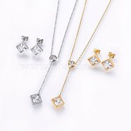 304 Stainless Steel Jewelry Sets, Stud Earrings and Pendant Necklaces, with Rhinestone and Cubic Zirconia, Rhombus, Mixed Color, 16.54 inch(42cm), 12x12x4mm, pin: 0.8mm(SJEW-H137-21)