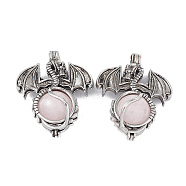 Natural Rose Quartz Pendants, Dragon Charms, with Rack Plating Antique Silver Plated Brass Findings, Cadmium Free & Lead Free, 47x37x19mm, Hole: 4mm(G-P491-02AS-08)