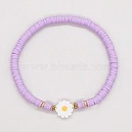 Bohemian Vacation Style Handmade Polymer Clay Heishi Beads Stretch Bracelets, Shell Daisy Flower Beaded Bracelets, Lilac, 7-1/8 inch(18cm)(ZJ5032-5)