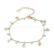 Brass Vortex Charm Bracelets, with Glass Beads and Curb Chains, Light Sky Blue, Golden, 7-7/8 inch(20cm)(BJEW-JB05696)