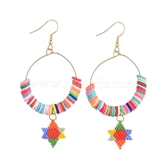 Handmade Polymer Clay Heishi Bead Dangle Earrings, for Jewish, with Seed Beads and 304 Stainless Steel Earring Hooks, Ring and Star of David, Colorful, 78~80x35~38mm, Pin: 0.7mm(X-EJEW-JE04080)