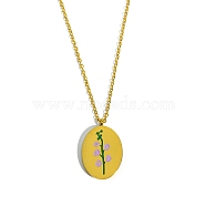 Birth Month Flower Style Titanium Steel Oval Pendant Necklace, Golden, July Larkspur, 15.75 inch(40cm)(PW-WG38206-07)