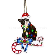 Christmas Cat Shape Acrylic Pendant Decoration, with Nylon Rope and Iron Bell, for Car Rear View Mirror Hanging Ornament, Candy Cane, 79x63x4mm, Hole: 2.5mm(HJEW-E007-01G-06)