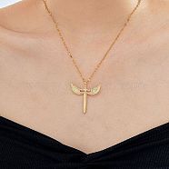 Brass Clear Cubic Zirconia 3D Cute Wing Sword Pendant Necklaces for Daily Wear, Golden, 15.75 inch(40cm)(GF5627-1)