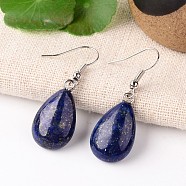 Natural Lapis Lazuli Teardrop Dangle Earrings, with Platinum Plated Brass Findings, 41mm, Pin: 0.7mm(EJEW-J089-09)