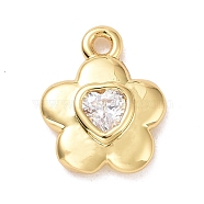 Eco-friendly Brass Micro Pave Clear Cubic Zirconia Pendants, Cadmium Free & Lead Free, Long-Lasting Plated, Flower with Heart, Golden, 10x8x2.5mm, Hole: 1.2mm(KK-D079-03G)