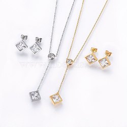 304 Stainless Steel Jewelry Sets, Stud Earrings and Pendant Necklaces, with Rhinestone and Cubic Zirconia, Rhombus, Mixed Color, 16.54 inch(42cm), 12x12x4mm, pin: 0.8mm(SJEW-H137-21)