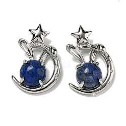 Dyed Natural Lapis Lazuli Pendants, Rabbit Charms with Rack Plating Brass Moon & Star, Platinum, Cadmium Free & Lead Free, 27.5x18x9mm, Hole: 6x2.5mm(G-M434-01P-22)