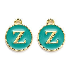 Golden Plated Alloy Enamel Charms, Enamelled Sequins, Flat Round with Alphabet, Letter.Z, Green, 14x12x2mm, Hole: 1.5mm(ENAM-Q437-15Z)