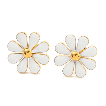 304 Stainless Steel Enamel Stud Earrings for Women, Small Daisy, White, Real 18K Gold Plated, 17mm