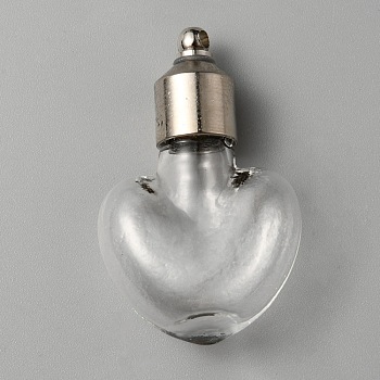 Clear Glass Vial Pendants, Wish Bottle Charms with Platinum Brass Finding, Heart, 35.5x22x10.5mm, Hole: 1.8mm