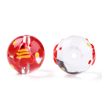 Transparent Handmade Lampwork Beads, Round with Fish Pattern, Red, 12.5x11.5mm, Hole: 1.6mm