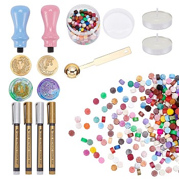 CRASPIRE DIY Wax Seal Stamps Kit, Including Pear Wood Handle, Candle, Iron Wax Sticks Melting Spoon, Brass Wax Seal Stamp Head, Metallic Markers Paints Pens and Sealing Wax Particles, Mixed Color, 56.5x23.5mm, 2 colors, 1pc/color, 2pcs