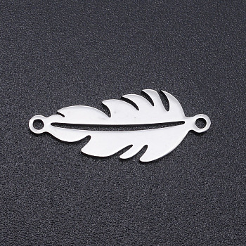 201 Stainless Steel Links connectors, Feather, Stainless Steel Color, 23x9x1mm, Hole: 1.4mm
