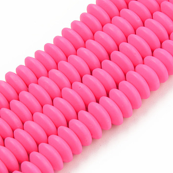 Handmade Polymer Clay Beads Strands, Flat Round, Deep Pink, 8.5~9x3.5mm, Hole: 1.6mm, about 112pcs/strand, 15.75 inch~16.14 inch(40~41cm)