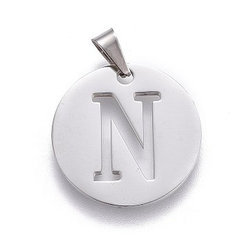 201 Stainless Steel Pendants, Flat Round with Letter, Stainless Steel Color, Letter N, 20x1.3mm, Hole: 4x3mm
