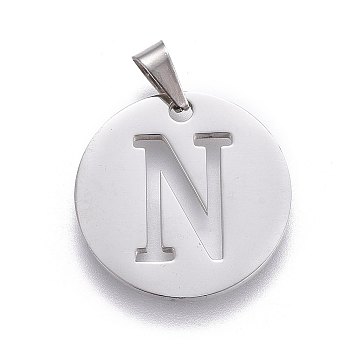 Non-Tarnish 201 Stainless Steel Pendants, Flat Round with Letter, Stainless Steel Color, Letter N, 20x1.3mm, Hole: 4x3mm