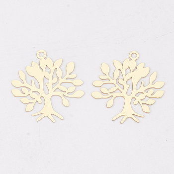 Brass Pendants, Etched Metal Embellishments, Long-Lasting Plated, Tree, Light Gold, 22x21.5x0.3mm, Hole: 1.6mm
