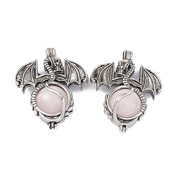 Natural Rose Quartz Pendants, Dragon Charms, with Rack Plating Antique Silver Plated Brass Findings, Cadmium Free & Lead Free, 47x37x19mm, Hole: 4mm