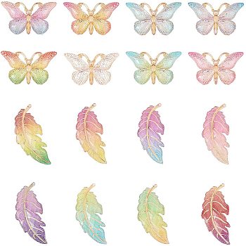 Transparent Acrylic Big Pendants, with Plated Bottom, Leaf and Butterfly, Mixed Color, 23~61.5x27~38x3.4~5mm, Hole: 1.2mm, 64pcs/box