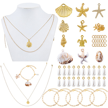 DIY Ocean Necklaces/Bracelets Making Kits, Includ 304 Stainless Steel Cable Chains Necklaces and Paperclip Chains Bracelets, Alloy Pendants, ABS Plastic Imitation Pearl Pendants, Golden, 508mm
