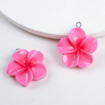 Opaque Resin Pendants, Plumeria, with Platinum Iron Loops, Deep Pink, 28x24.5x7mm, Hole: 2mm