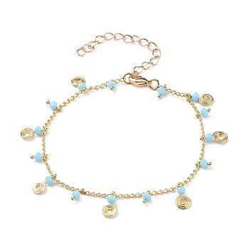 Brass Vortex Charm Bracelets, with Glass Beads and Curb Chains, Light Sky Blue, Golden, 7-7/8 inch(20cm)