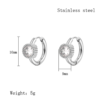 Cubic Zirconia Hoop Earrings, 304 Stainless Steel Earrings, Flat Round, 16x9mm