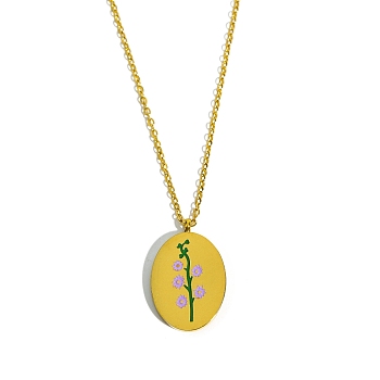Birth Month Flower Style Titanium Steel Oval Pendant Necklace, Golden, July Larkspur, 15.75 inch(40cm)