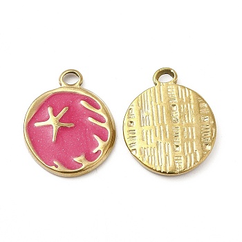 Vacuum Plating 201 Stainless Steel Enamel Pendants, Real 18K Gold Plated, Flat Round with Starfish Charm, Camellia, 19x15x2mm, Hole: 2.6mm