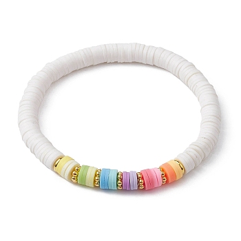 Polymer Clay Heishi Surfer Stretch Bracelet, Preppy Bracelet, White, Inner Diameter: 2-1/4 inch(5.6cm)