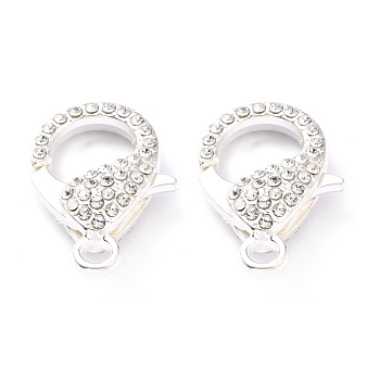 Alloy Rhinestone Lobster Claw Clasps, Crystal, Silver Color Plated, 31x22x7mm, Hole: 3mm