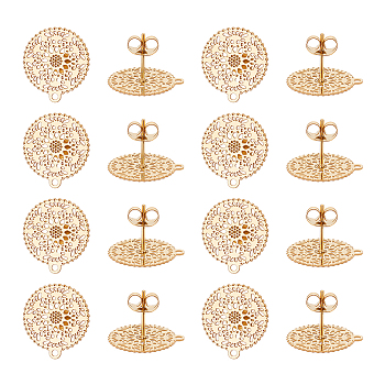 16Pcs 304 Stainless Steel Stud Earring Findings, with Horizontal Loop, Filigree Flower, Golden, 16.5x15mm, Hole: 1mm, pin: 0.7mm